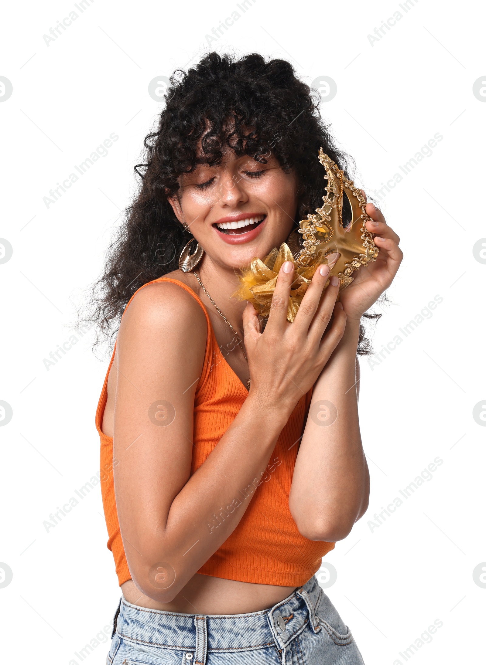 Photo of Smiling young woman with carnival mask isolated on white