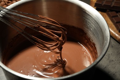 Photo of Chocolate dough dripping from whisk into bowl on table, closeup