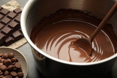 Photo of Chocolate dough in bowl and ingredients on grey table, closeup