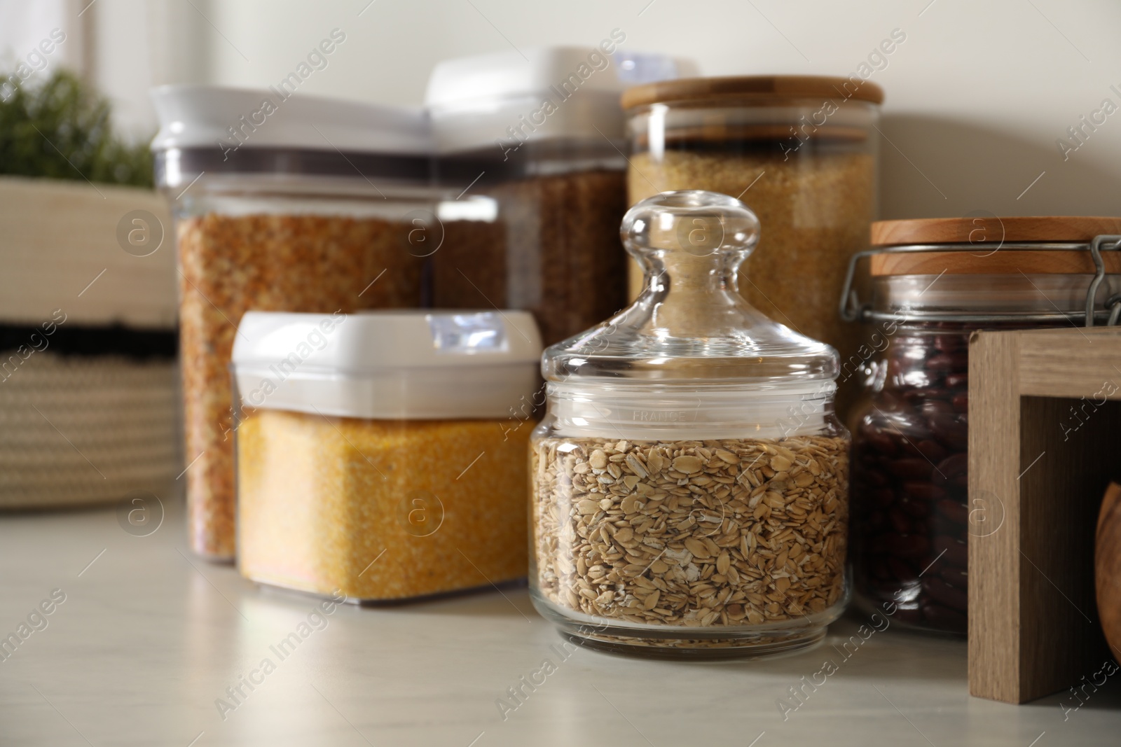 Photo of Different types of cereals and legumes in containers on light table, closeup