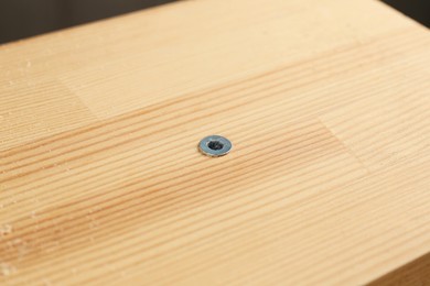 Photo of One screw in wooden plank, closeup view