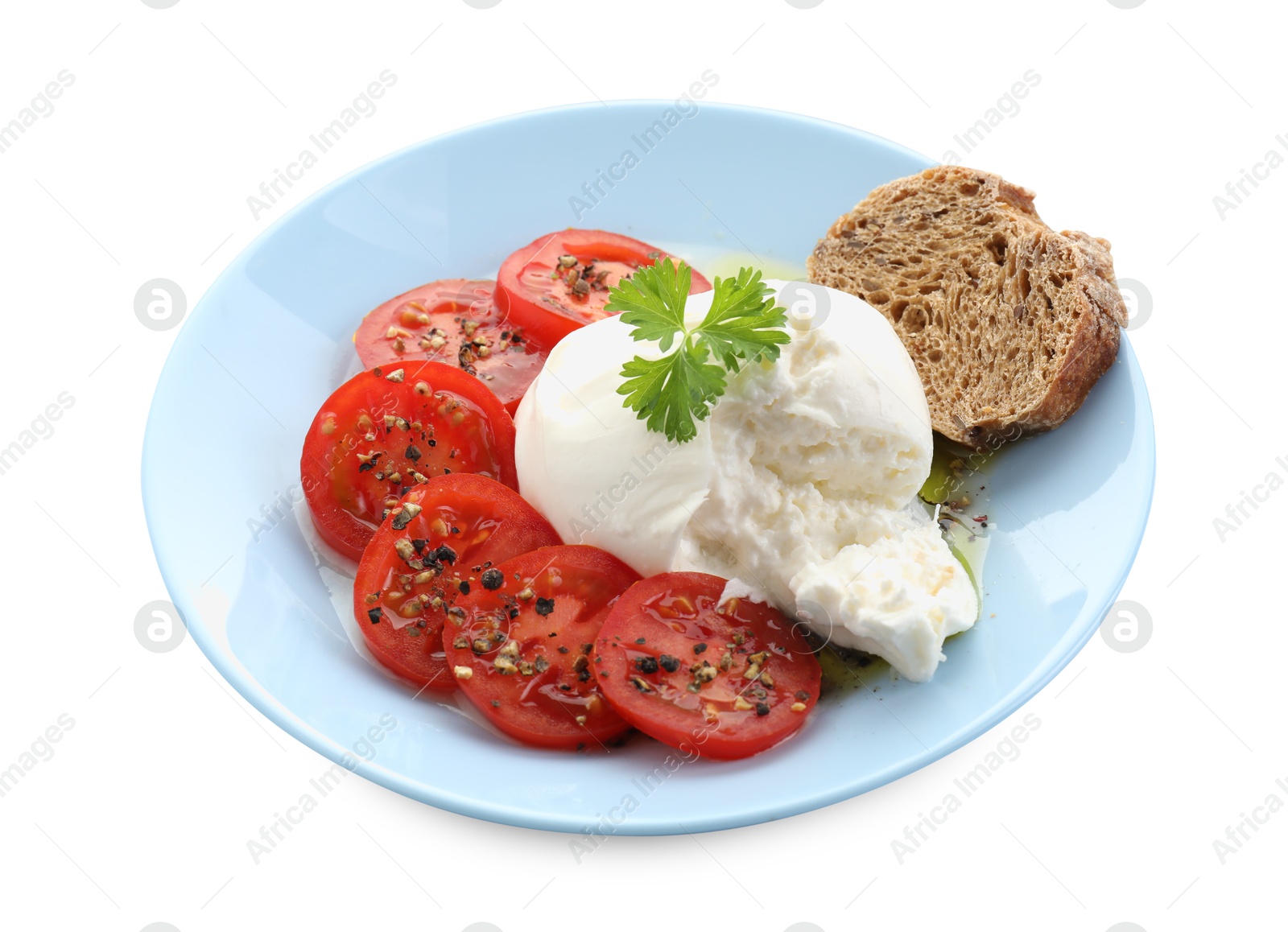 Photo of Delicious burrata cheese, tomatoes, parsley and bread isolated on white