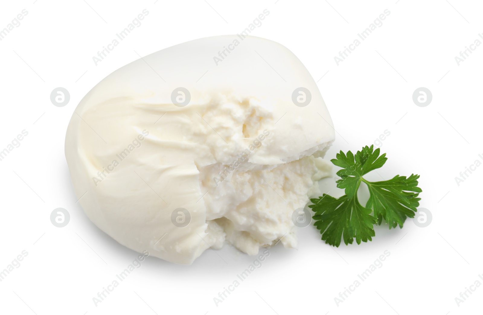 Photo of Delicious burrata cheese and parsley isolated on white, top view