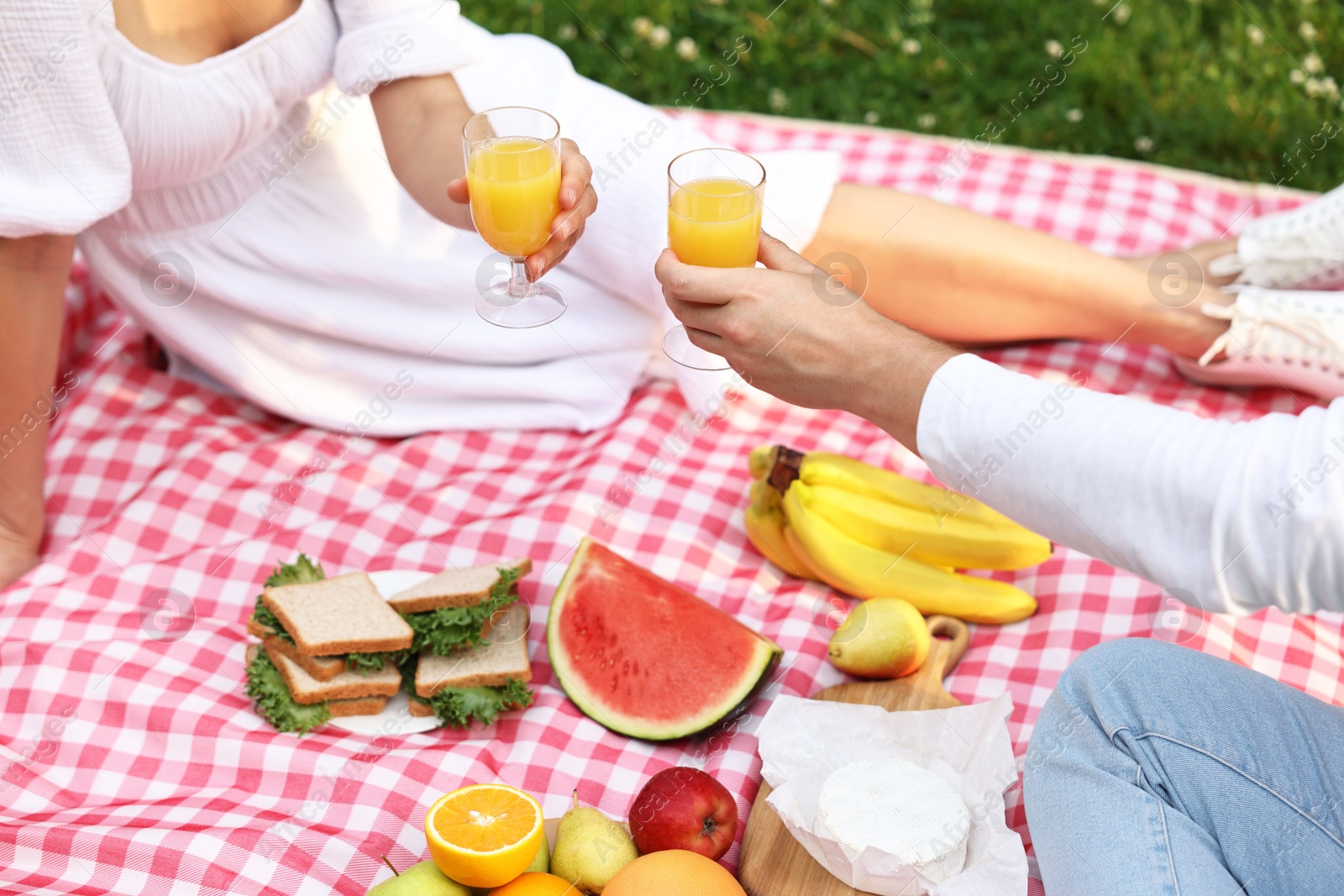 Photo of Lovely couple clinking glasses of juice on picnic blanket outdoors, closeup