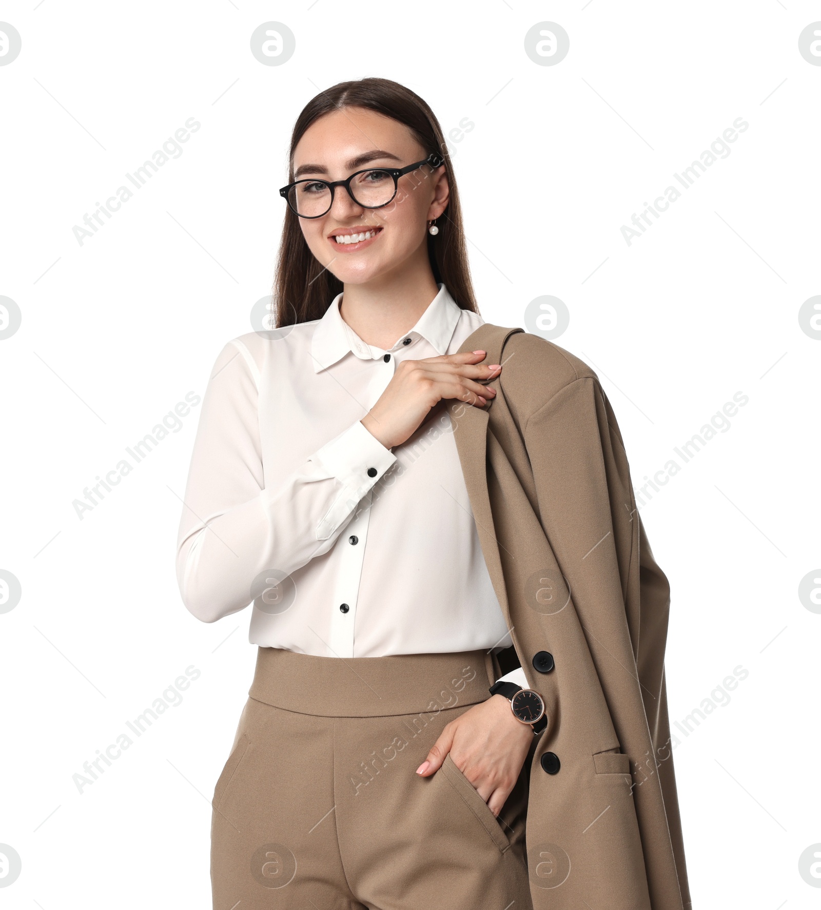 Photo of Beautiful woman in beige suit and glasses on white background