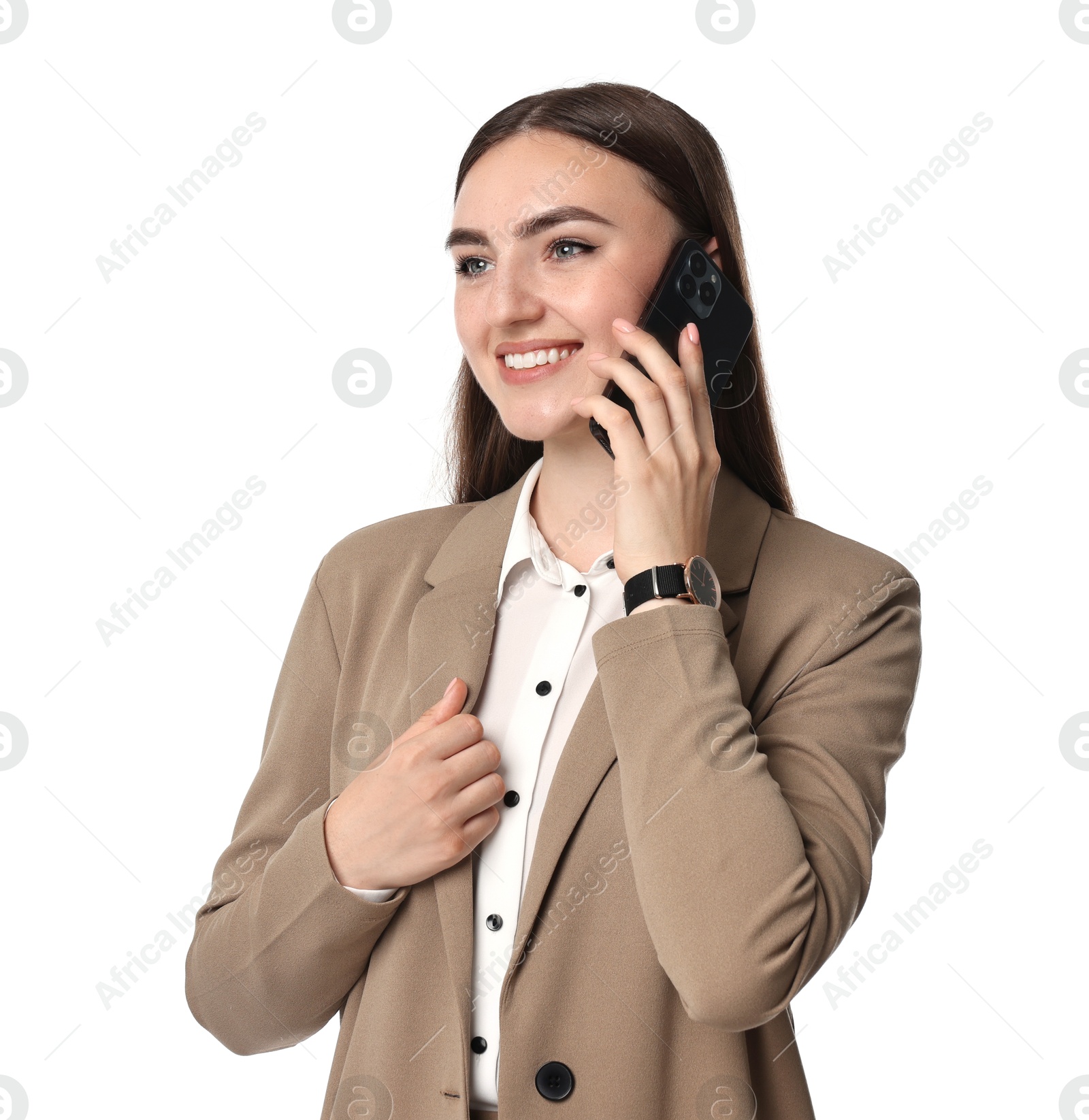 Photo of Beautiful woman in beige suit talking on smartphone against white background