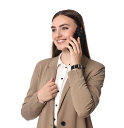 Photo of Beautiful woman in beige suit talking on smartphone against white background