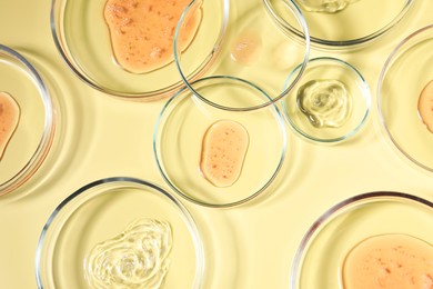 Photo of Petri dishes with samples on beige background, top view