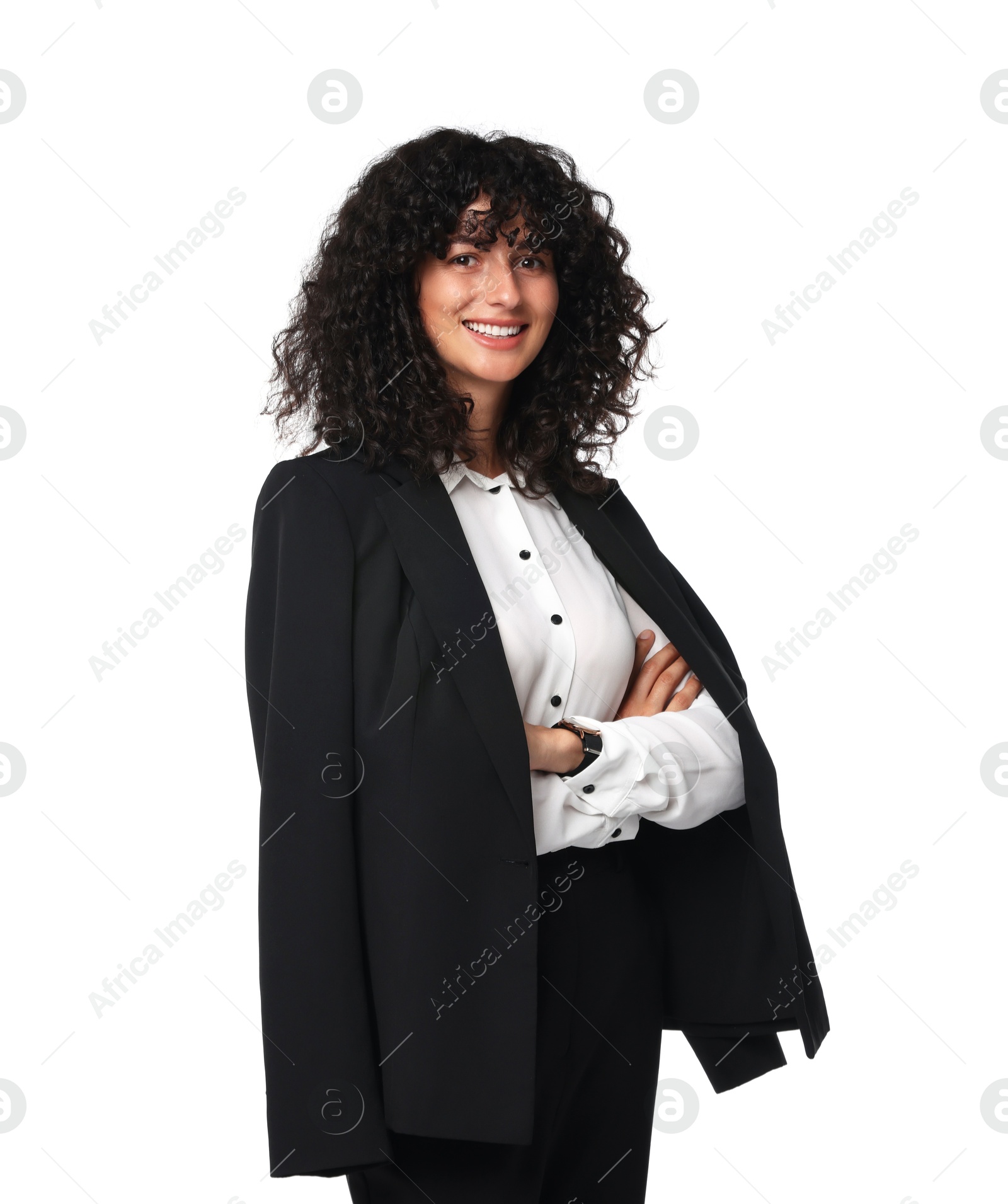 Photo of Beautiful young woman in black suit isolated on white