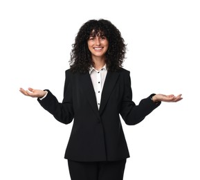 Photo of Beautiful young woman in black suit isolated on white