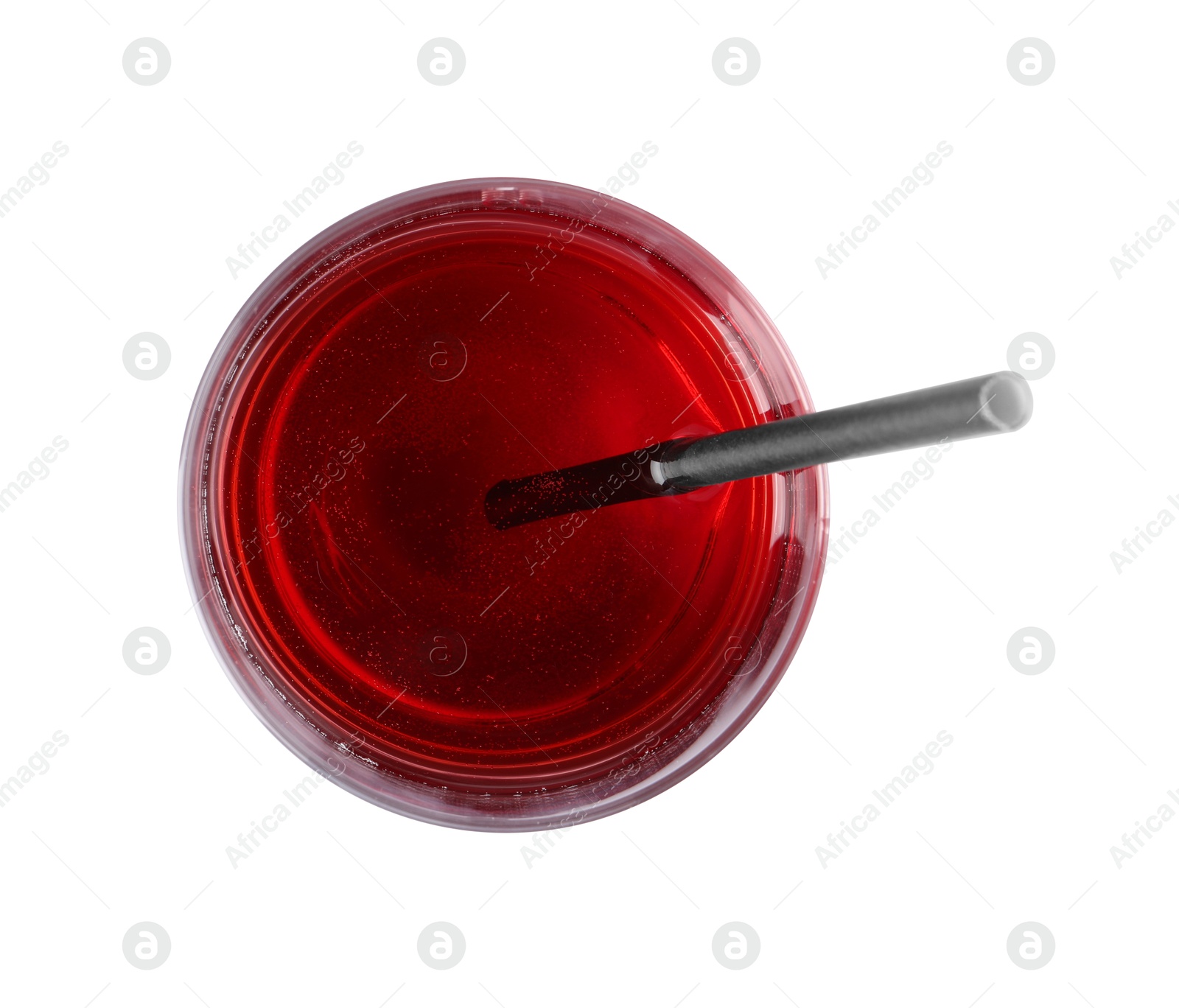 Photo of Fresh grape juice in glass and straw isolated on white, top view