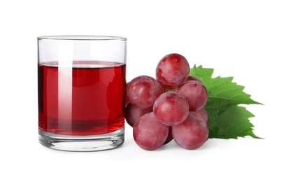 Tasty juice in glass, fresh grapes and leaf isolated on white