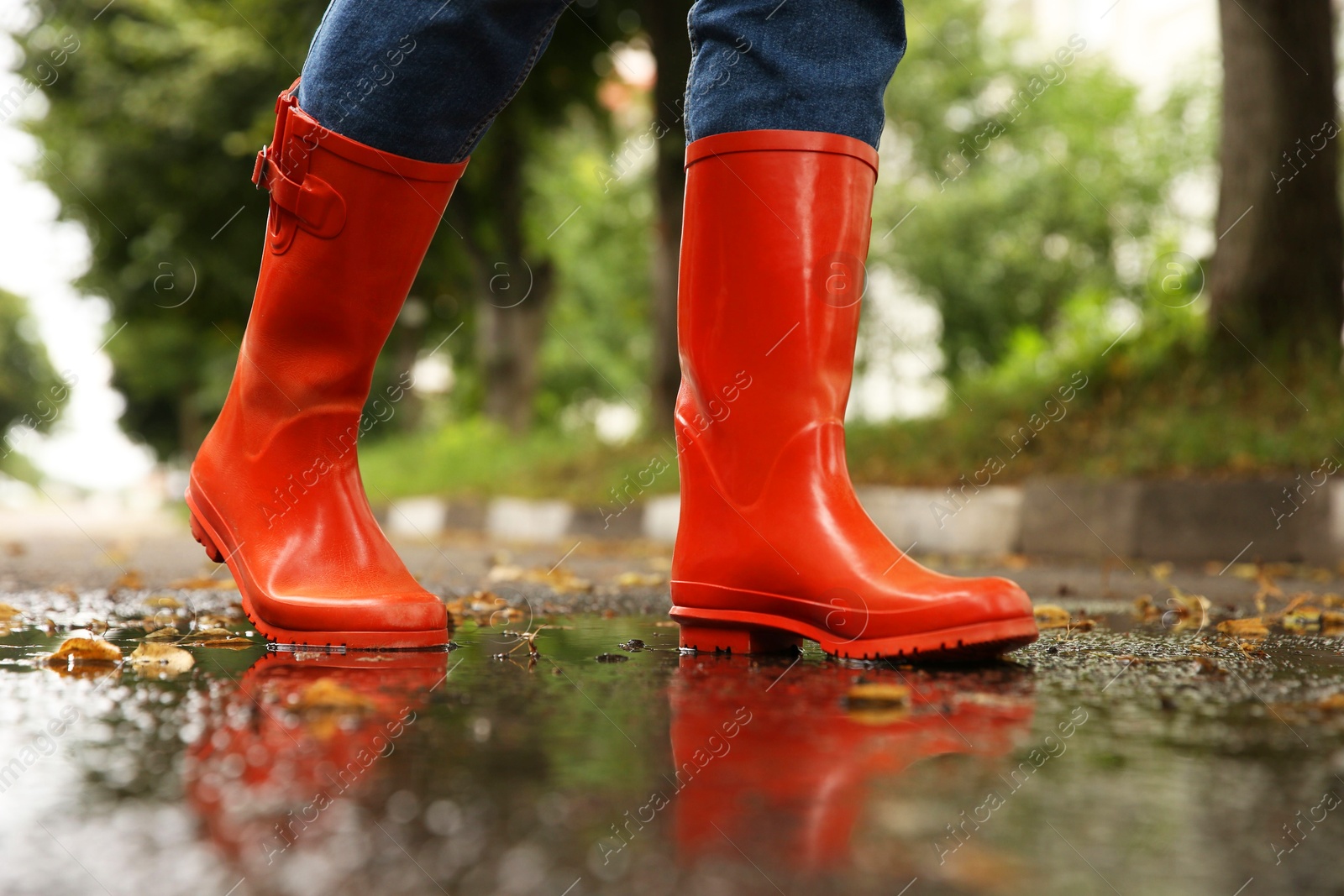 Photo of Woman wearing orange rubber boots walking in puddle outdoors, closeup