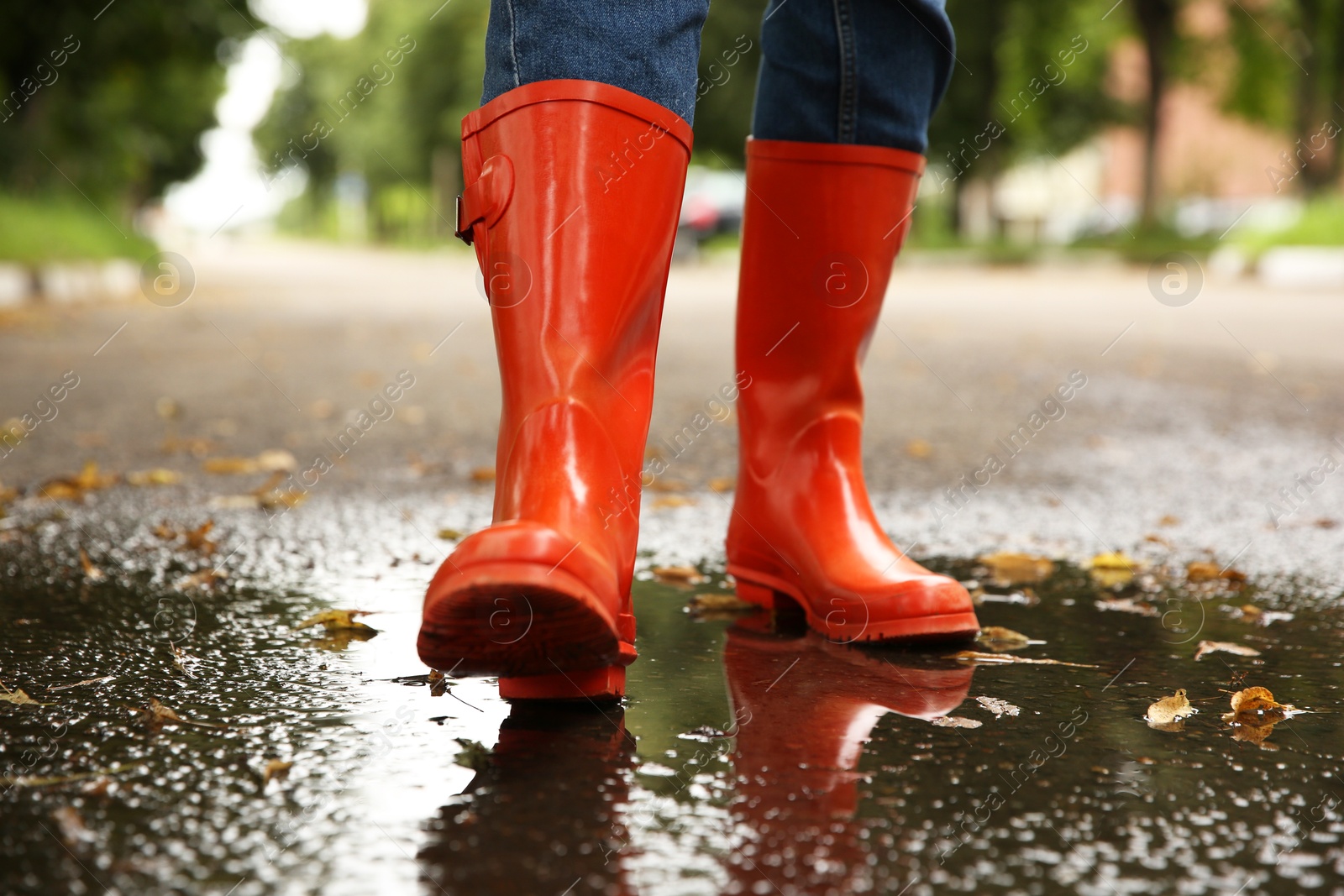 Photo of Woman wearing orange rubber boots walking in puddle outdoors, closeup