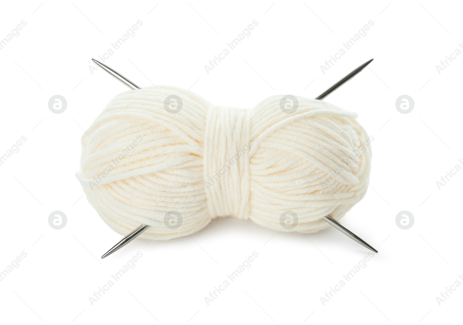 Photo of Skein of soft yarn and knitting needles isolated on white