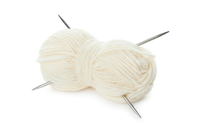 Photo of Skein of soft yarn and knitting needles isolated on white