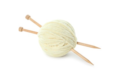 Skein of soft yarn and knitting needles isolated on white