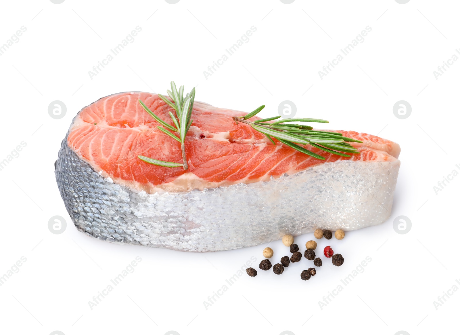 Photo of Fresh salmon steak, peppercorns and rosemary isolated on white