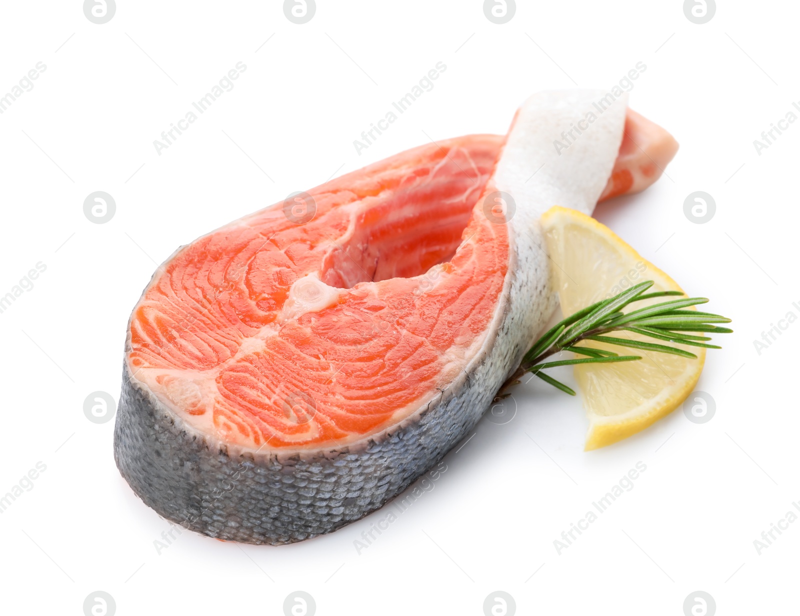 Photo of Fresh salmon steak, lemon and rosemary isolated on white