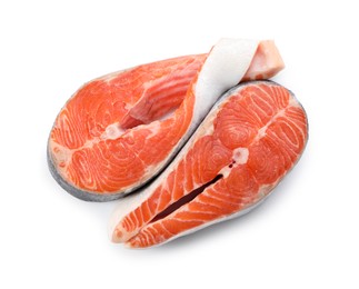 Two fresh salmon steaks isolated on white, top view