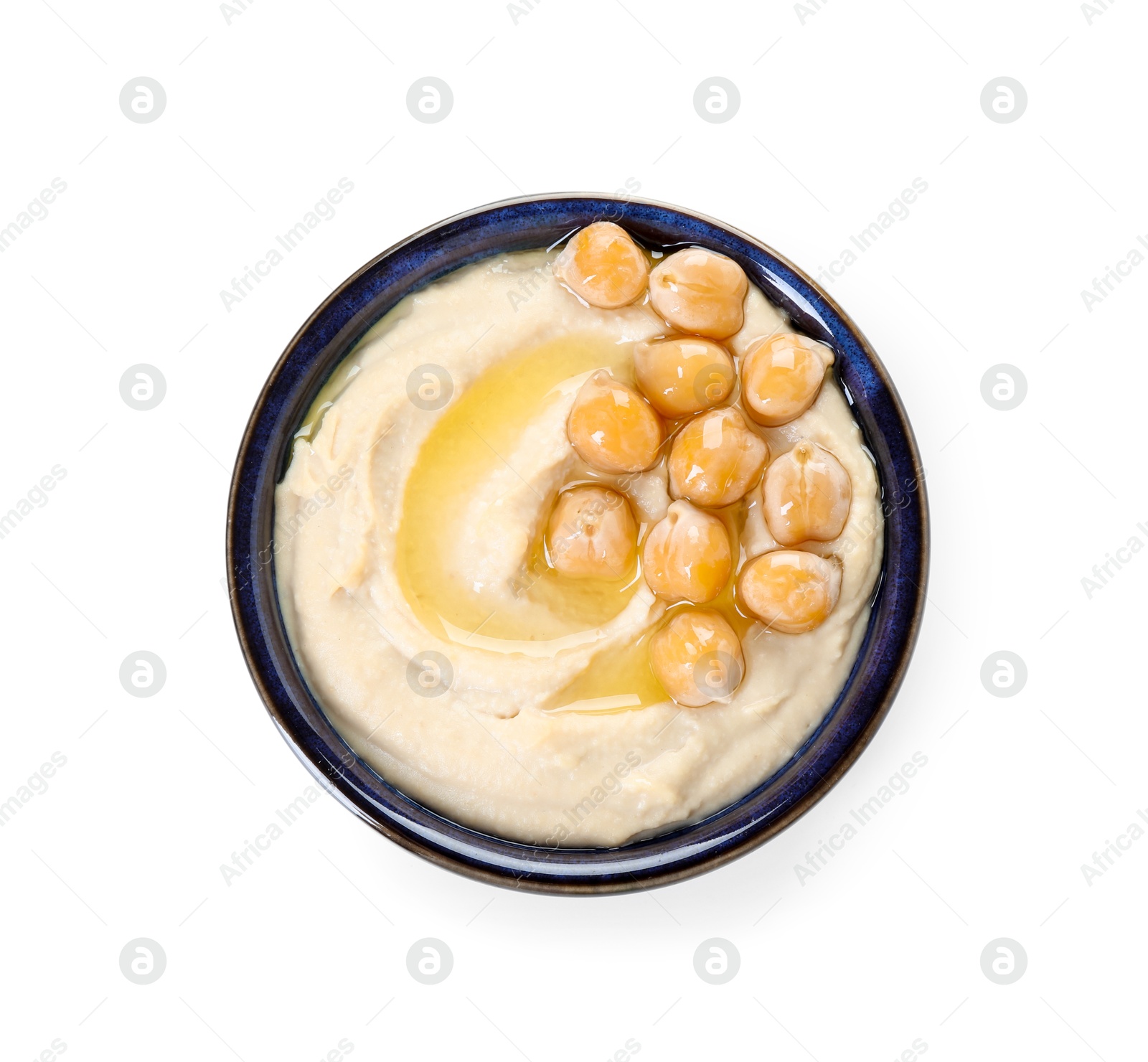 Photo of Delicious hummus with olive oil and chickpeas isolated on white, top view