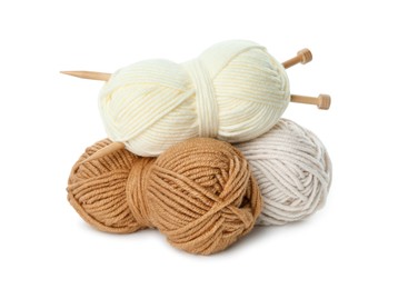 Photo of Skeins of soft yarn and knitting needles isolated on white