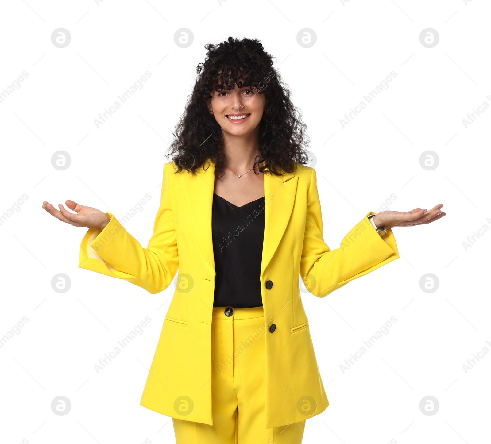 Photo of Beautiful young woman in stylish yellow suit isolated on white