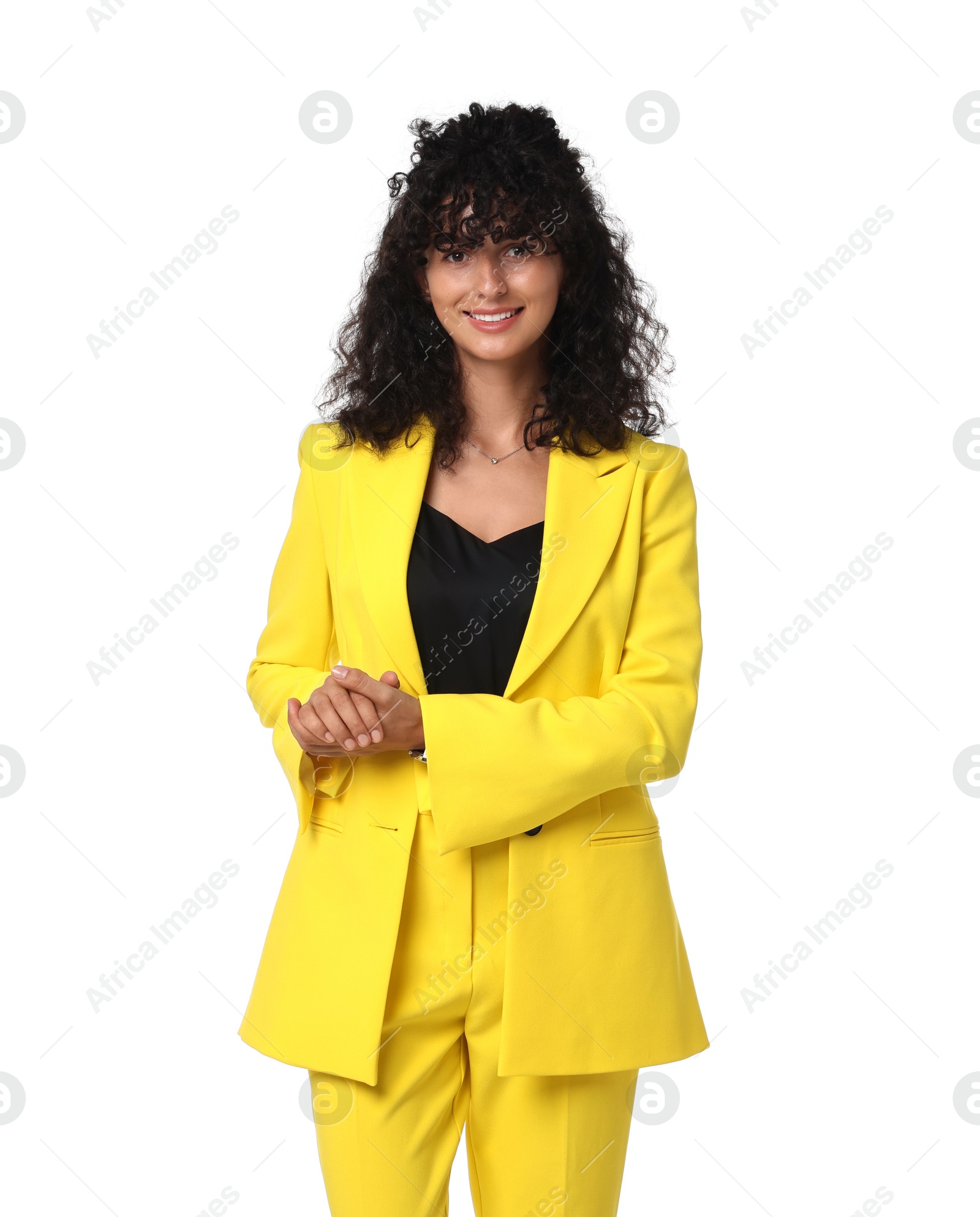 Photo of Beautiful young woman in stylish yellow suit isolated on white