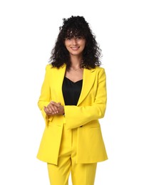 Beautiful young woman in stylish yellow suit isolated on white