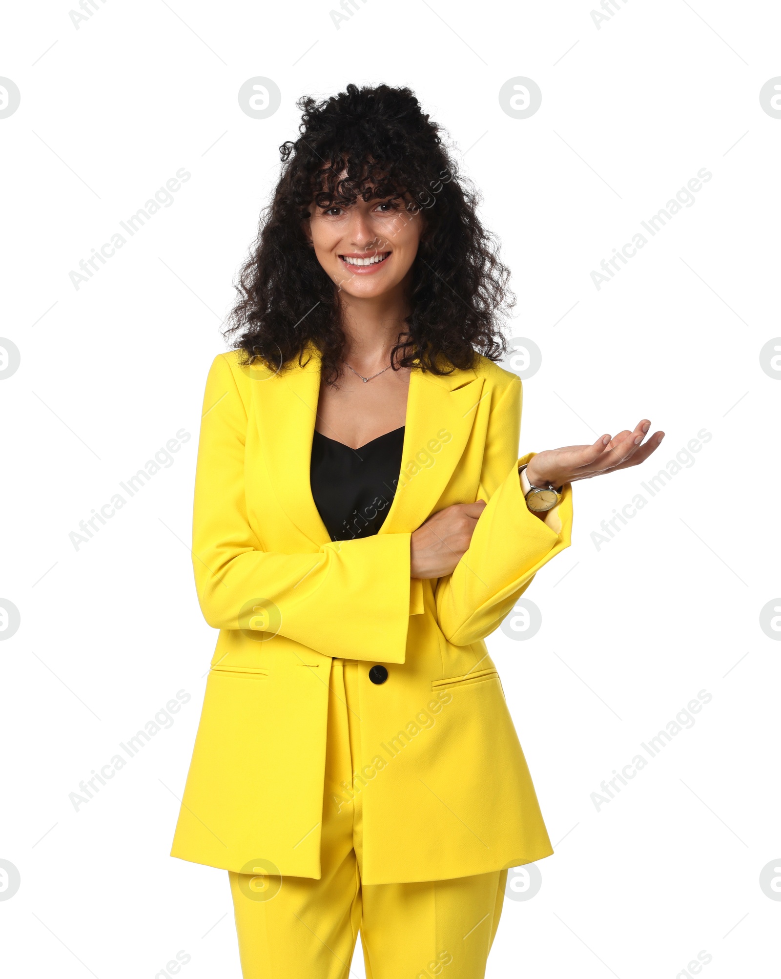 Photo of Beautiful young woman in stylish yellow suit isolated on white