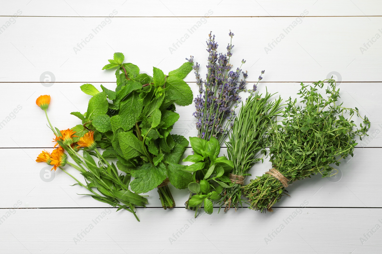 Photo of Different aromatic herbs on white wooden table, top view