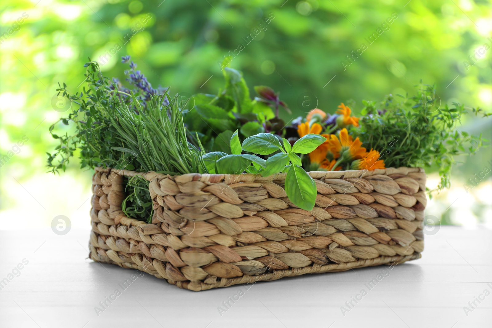 Photo of Different aromatic herbs in basket on white wooden table against blurred background