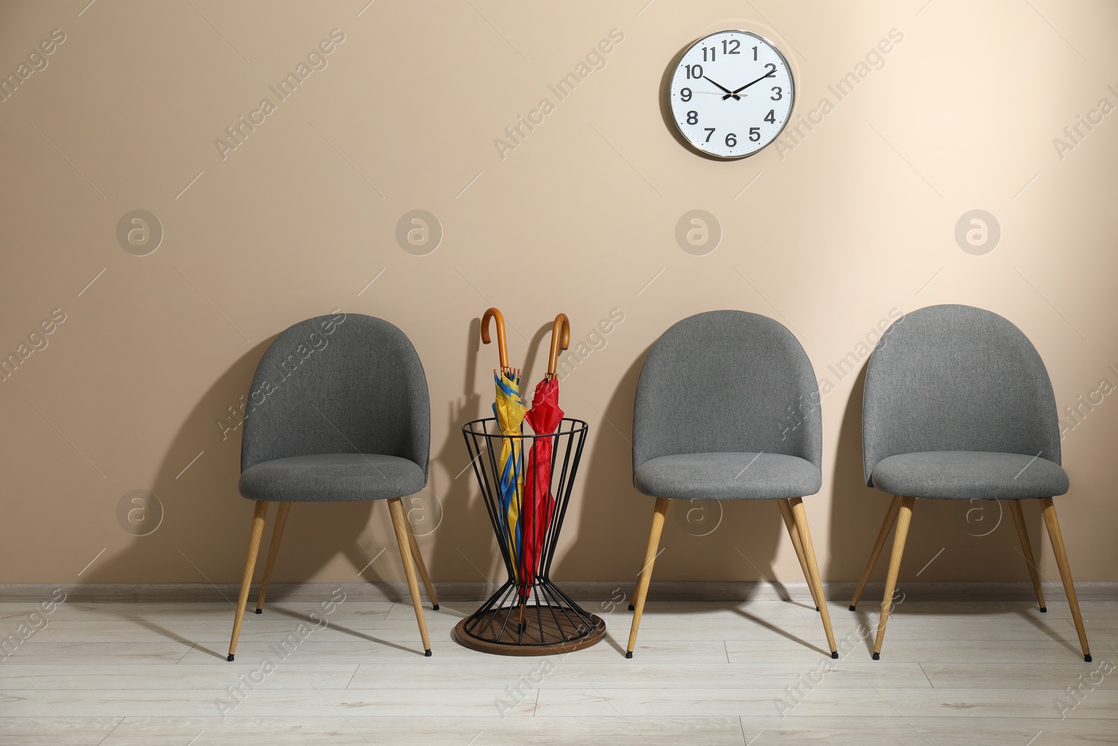 Photo of Holder with bright umbrellas among chairs near beige wall