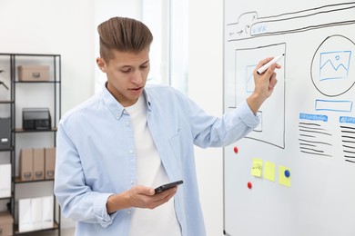 Photo of Developing UI design. Man drawing website wireframe on whiteboard indoors