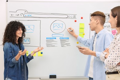 Developing UI design. People drawing website wireframe on whiteboard indoors