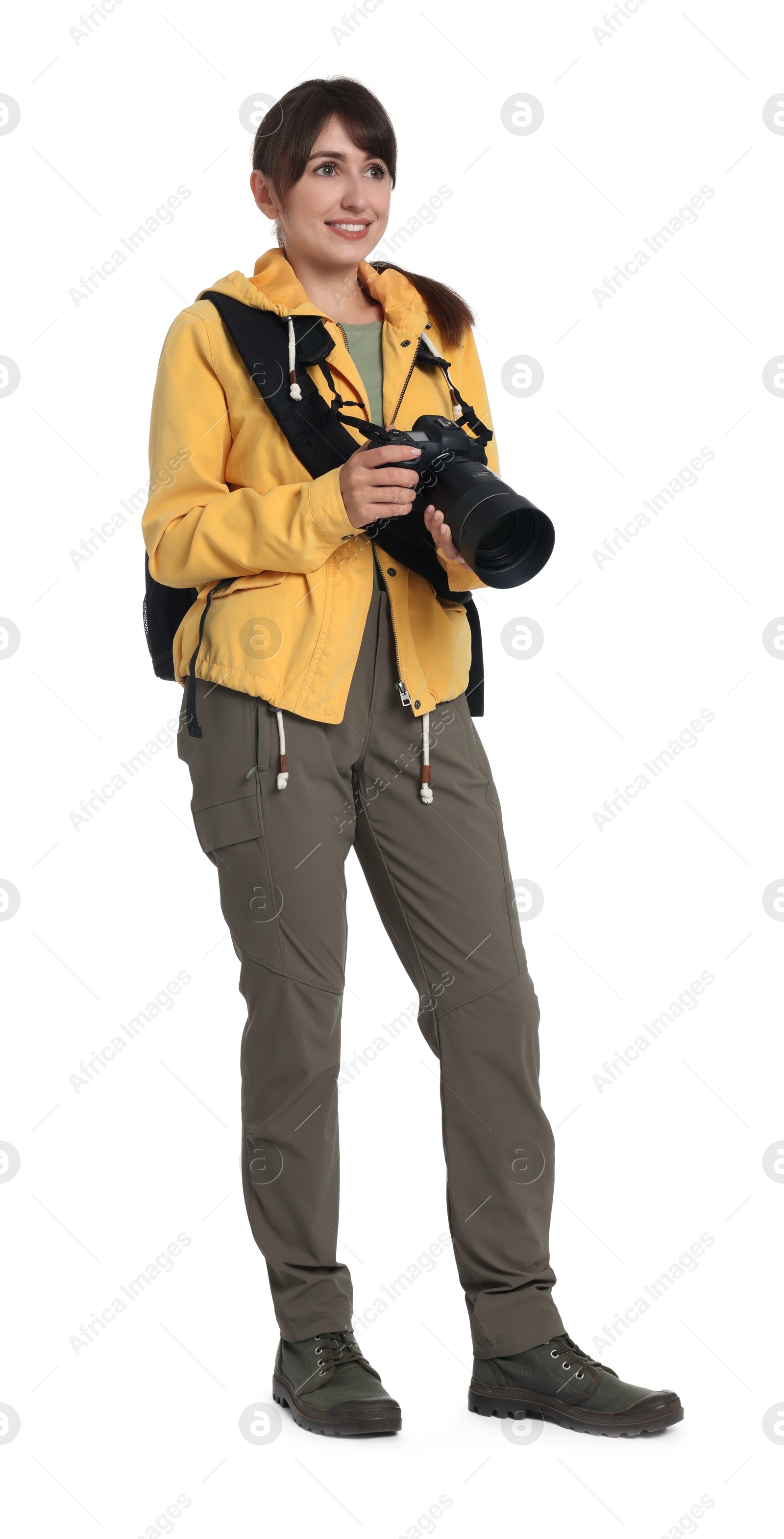 Photo of Photographer with backpack and camera on white background