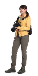 Photo of Photographer with backpack and camera on white background