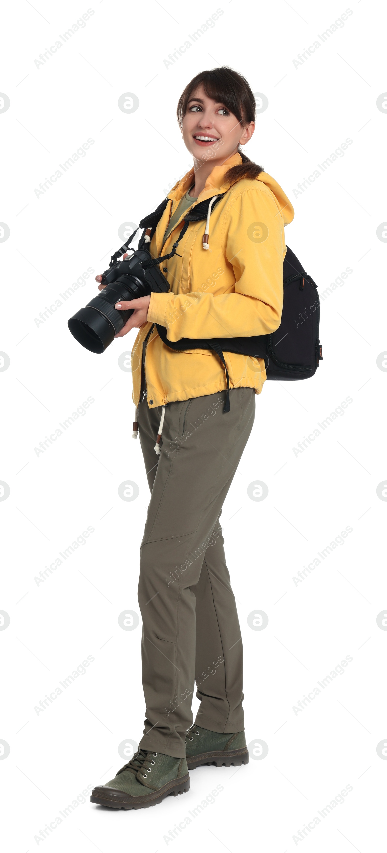 Photo of Photographer with backpack and camera on white background