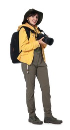 Photographer with backpack and camera on white background