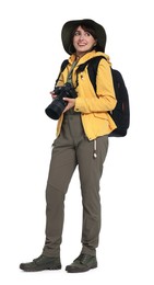 Photo of Photographer with backpack and camera on white background