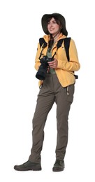 Photo of Photographer with backpack and camera on white background