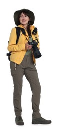 Photographer with backpack and camera on white background