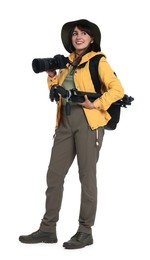 Photo of Photographer with backpack, camera and other professional equipment on white background