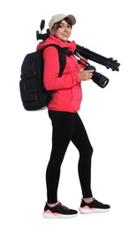 Photo of Photographer with backpack, camera and other professional equipment on white background