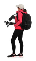 Photo of Photographer with backpack, camera and other professional equipment on white background