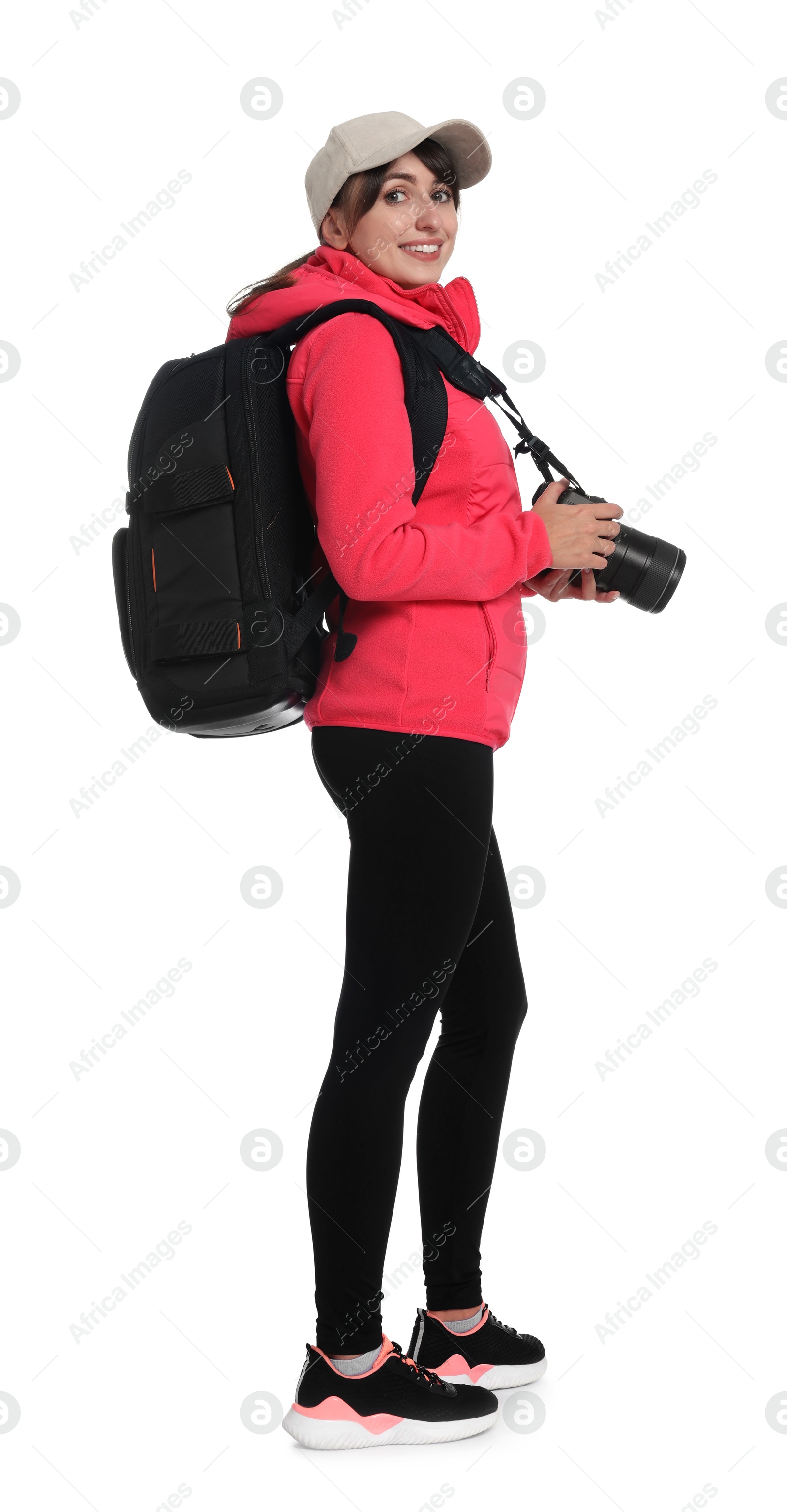 Photo of Photographer with backpack and camera on white background