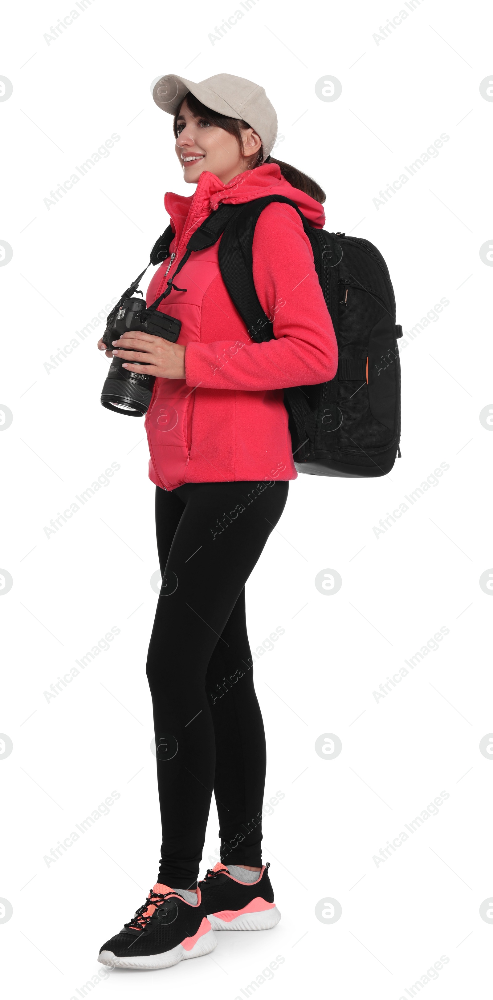 Photo of Photographer with backpack and camera on white background