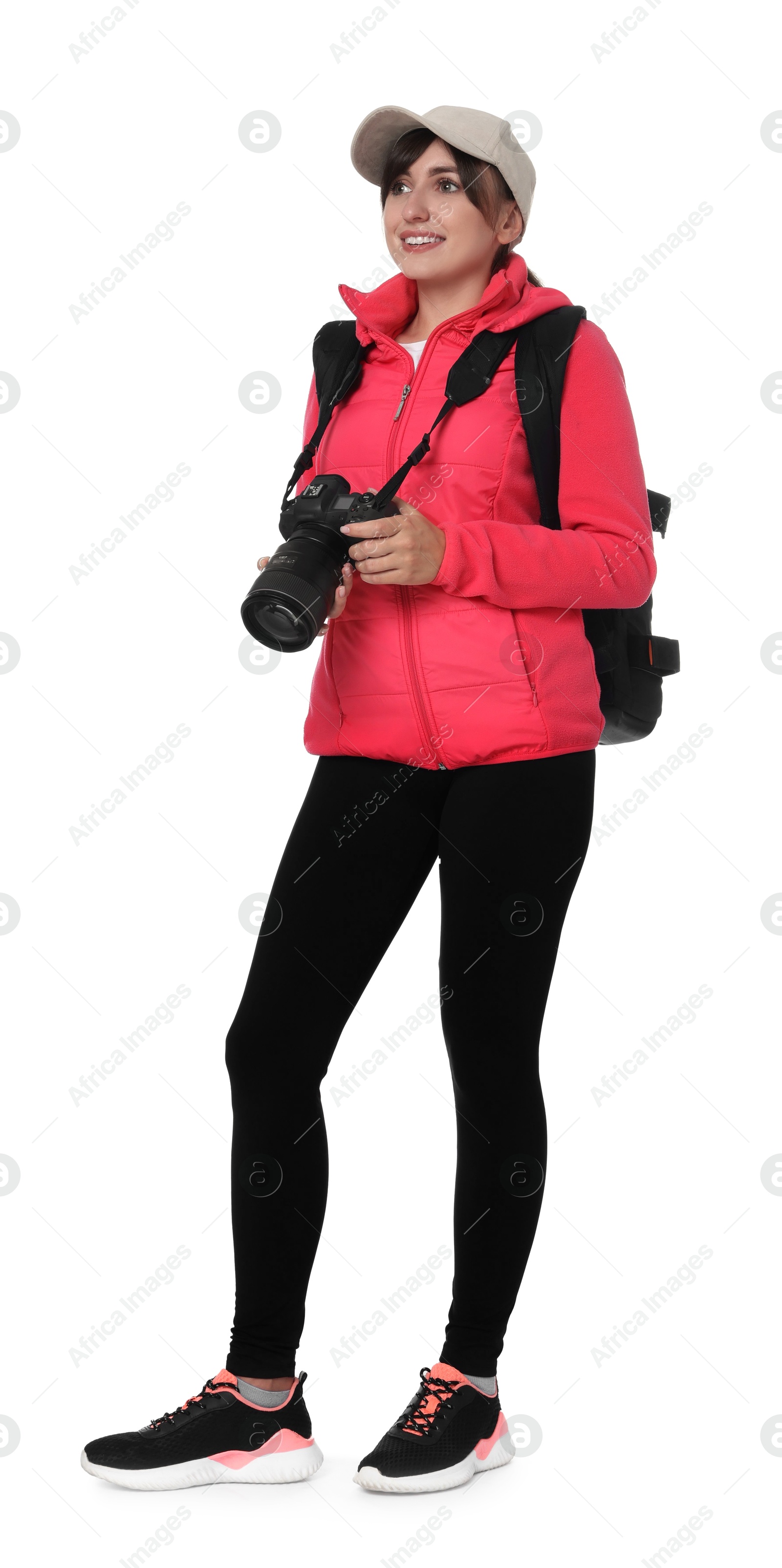 Photo of Photographer with backpack and camera on white background