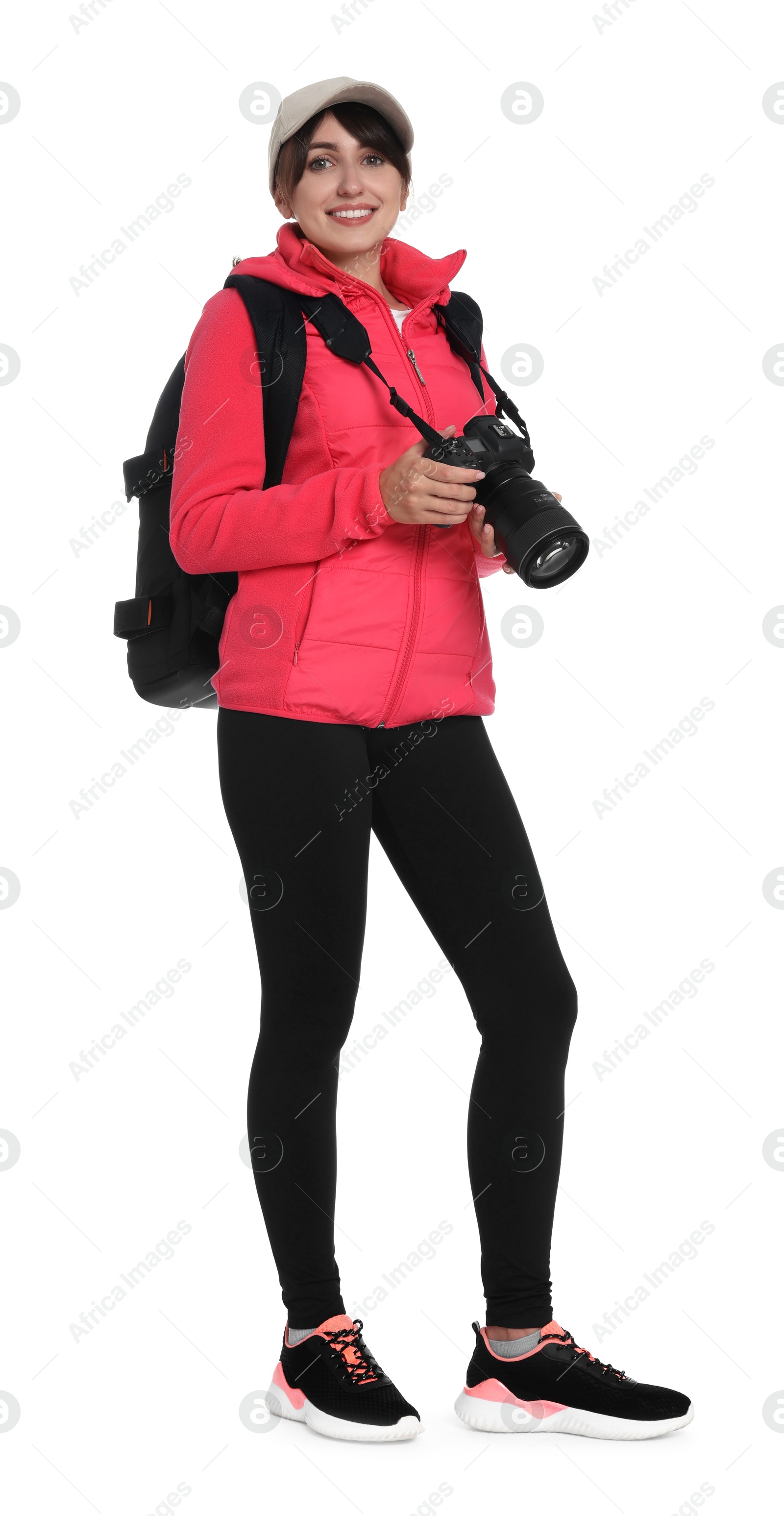 Photo of Photographer with backpack and camera on white background