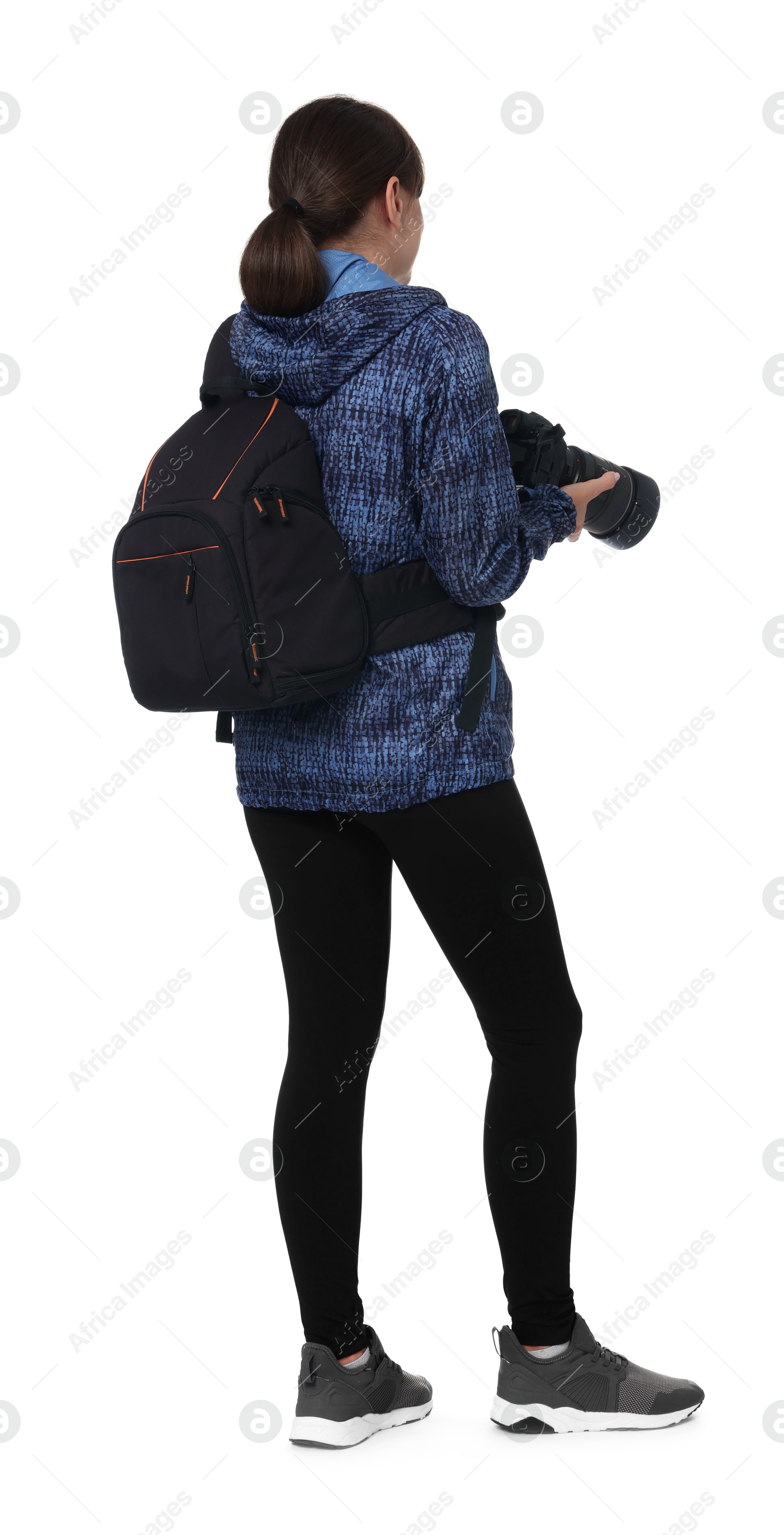 Photo of Photographer with backpack and camera on white background, back view